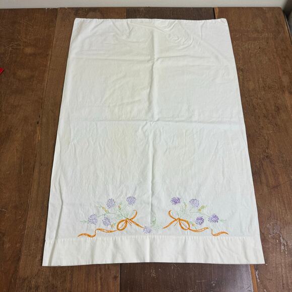 Vintage Pale Yellow Hand Embroidered flower orange ribbon COTTON pillow case - Picture 1 of 6